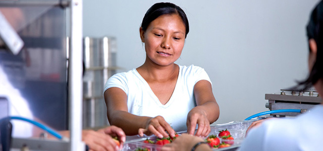 Mujer migrante trabajando en una fábrica