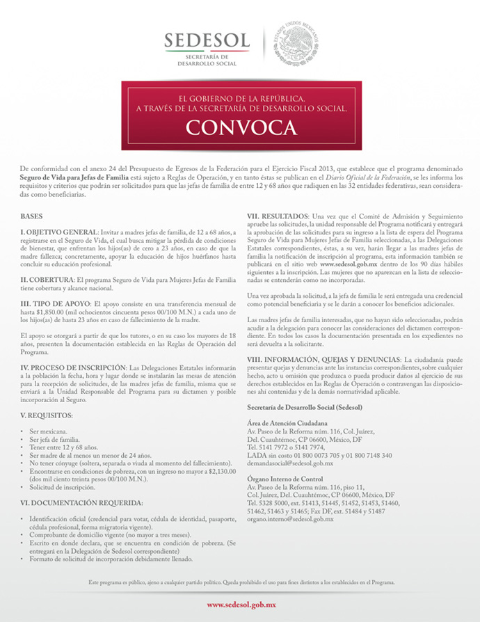 Convocatoria del Programa Seguro de Vida para Madres Jefas de Familia